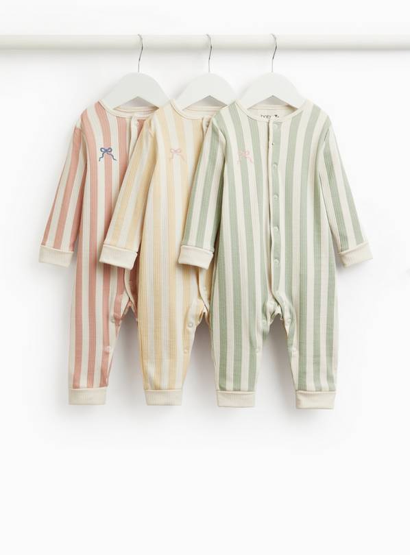 Striped Bow Print Sleepsuits 3 Pack 3-6 months